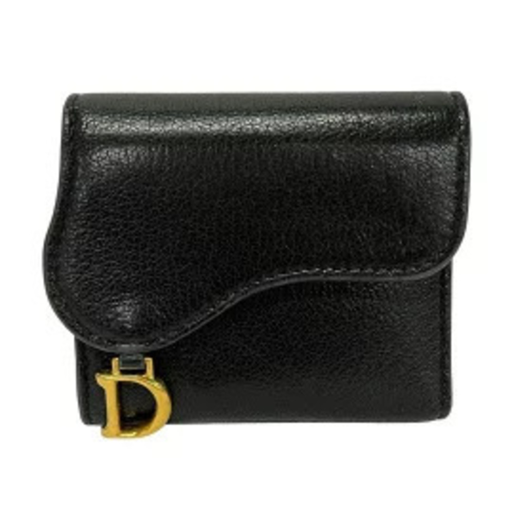 Christian Dior Saddle Lotus Wallet Tri fold Black Leather